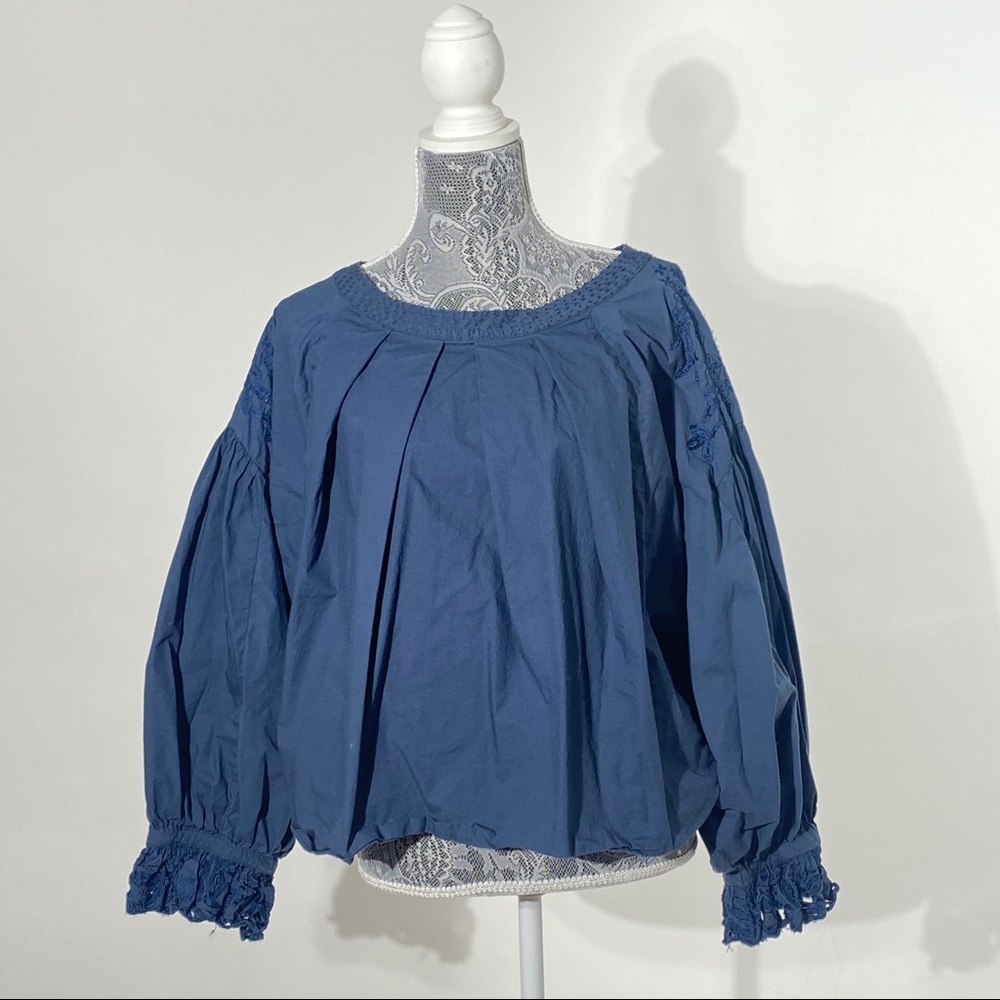 FREE PEOPLE Navy Blue Cotton Batwing Sleeves Shirt / Top ~ L